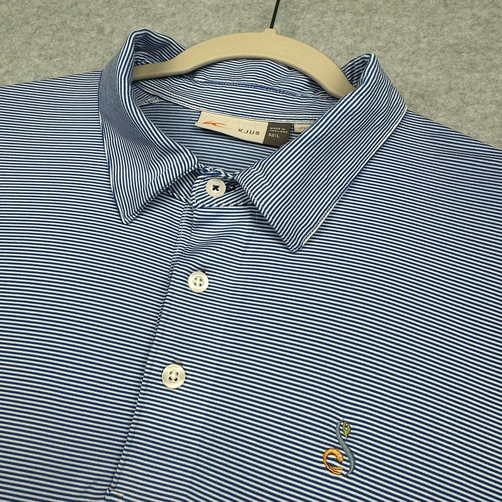 KJUS Golf Polo Shirt Mens XL Blue Striped UPF 50+ Moisture Wicking Athletic